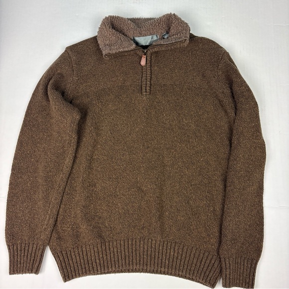 Oscar de la Renta Men’s Medium Sweater Brown Collared Faux Fur Preppy Knit Warm - Picture 1 of 6
